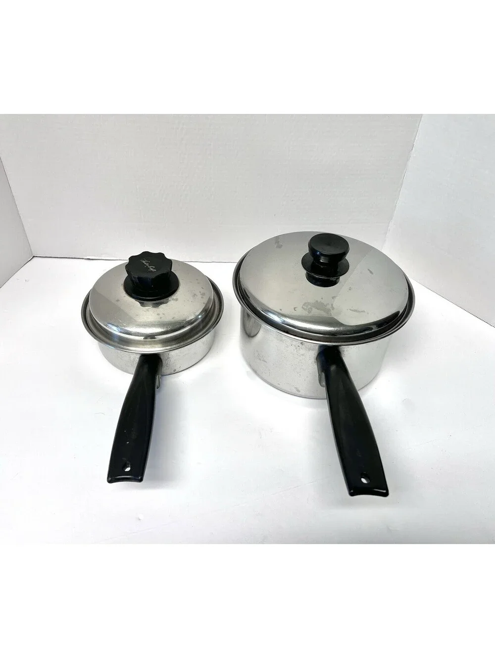 Set of 2 Vtg Lustre Craft 1 Qt & 2 Qt Multi-core Stainless Saucepan Pot w/ Lids